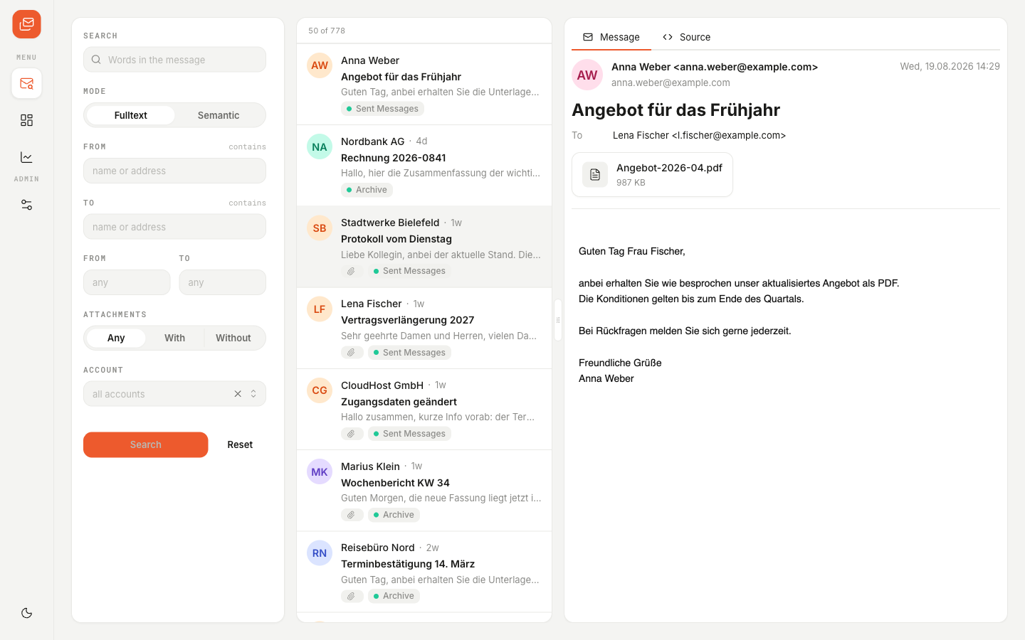 The MailArc search page: filters for words, sender, recipient, date range and attachments on the left; a result list in the middle; and the selected message with its attachment on the right.